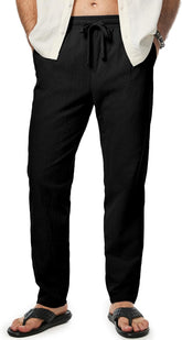 Mens Cotton Pants Casual Elastic Waist Drawstring Lightweight Summer Beach Trousers with Pockets