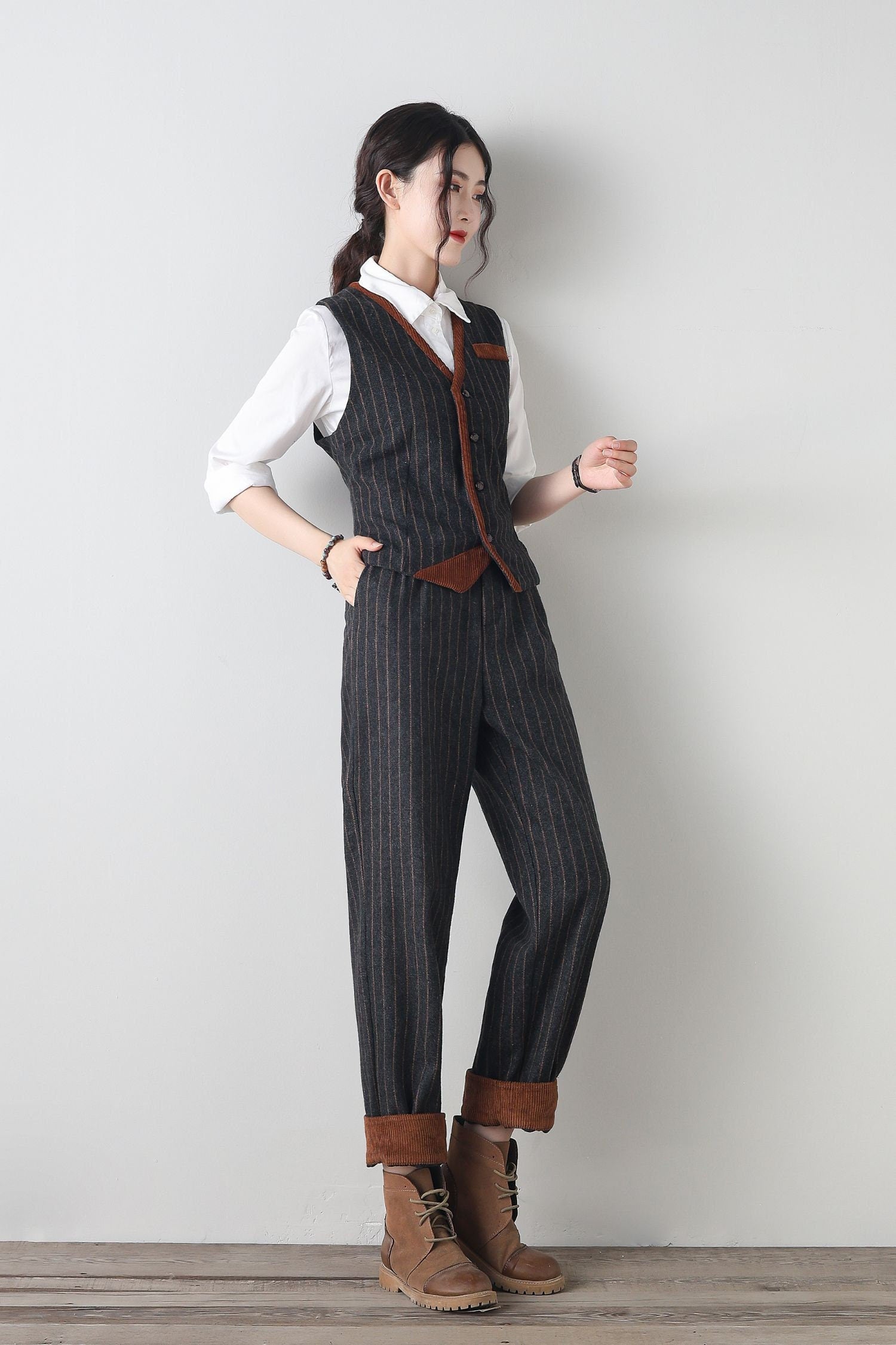 Striped Wool Wide Leg High Waist Pants