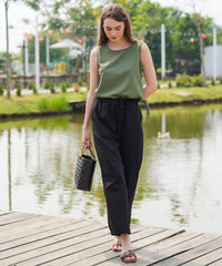 Loose Linen Pants with Tapered Leg and Elastic Waist