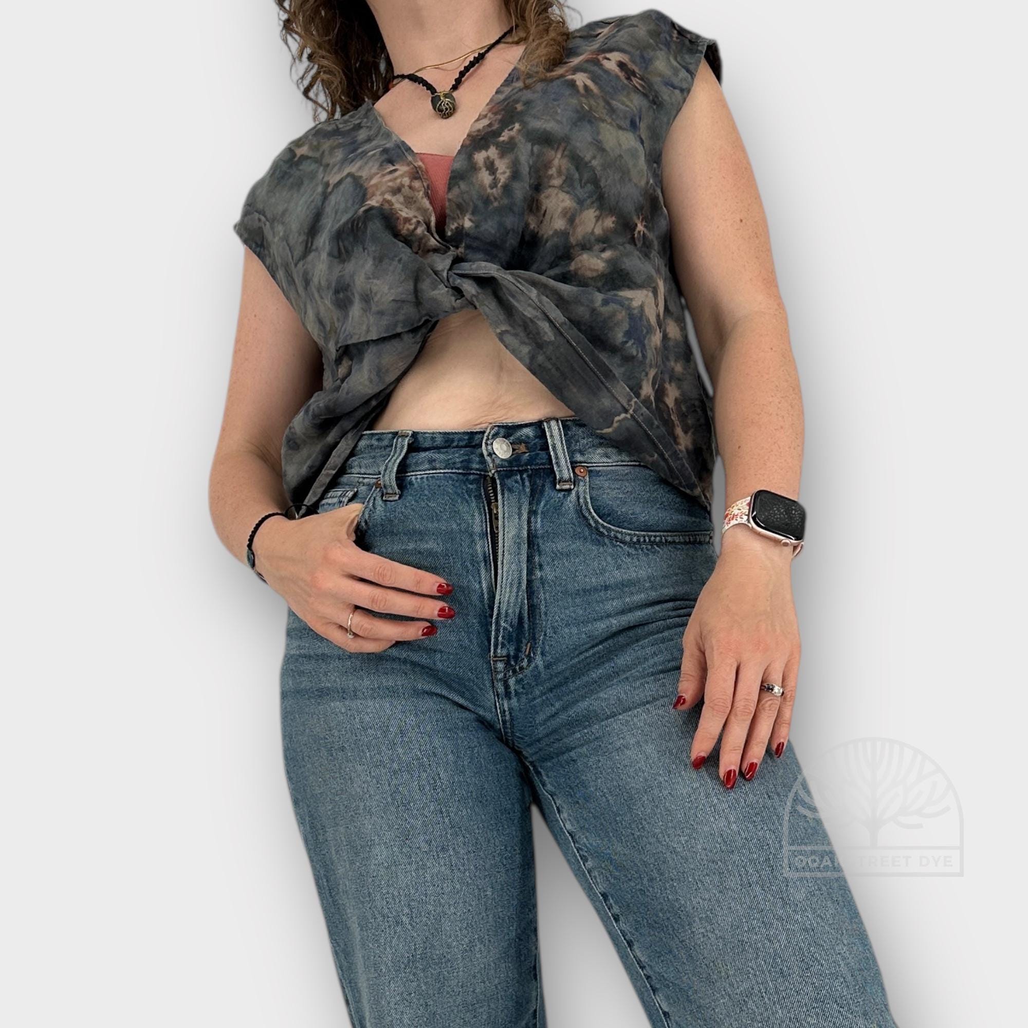 Tie Dye Linen Crop Top, Cross Front Tank (Size L)