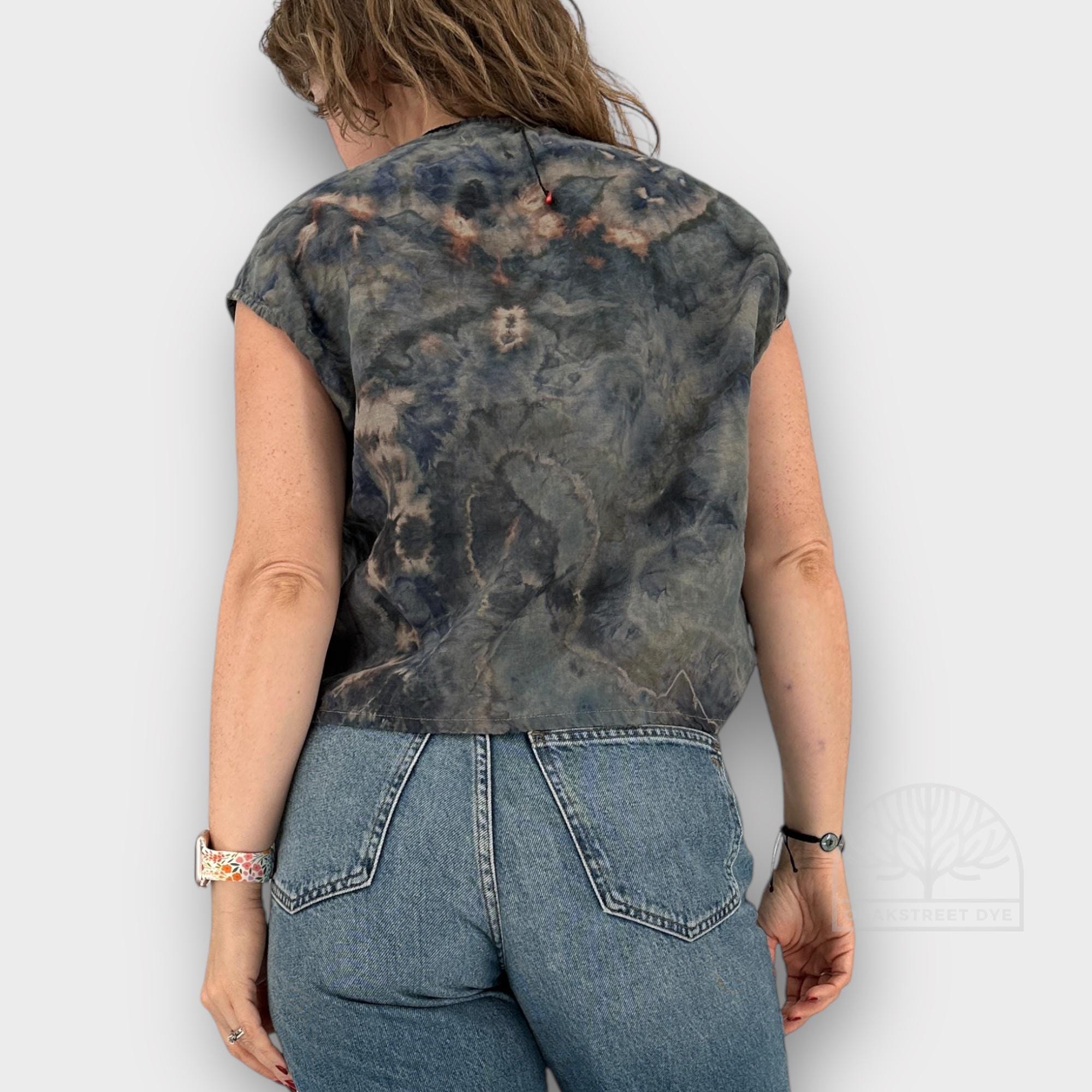 Tie Dye Linen Crop Top, Cross Front Tank (Size L)