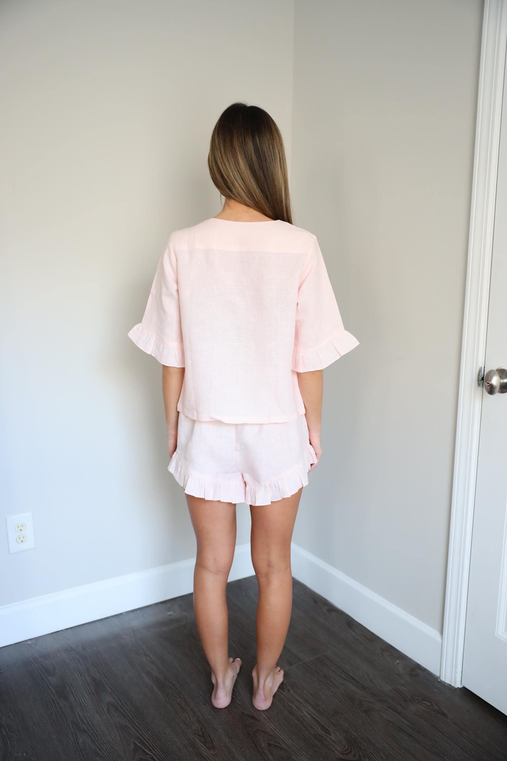 Linen Espresso Tie Front Ruffled PJ Sets