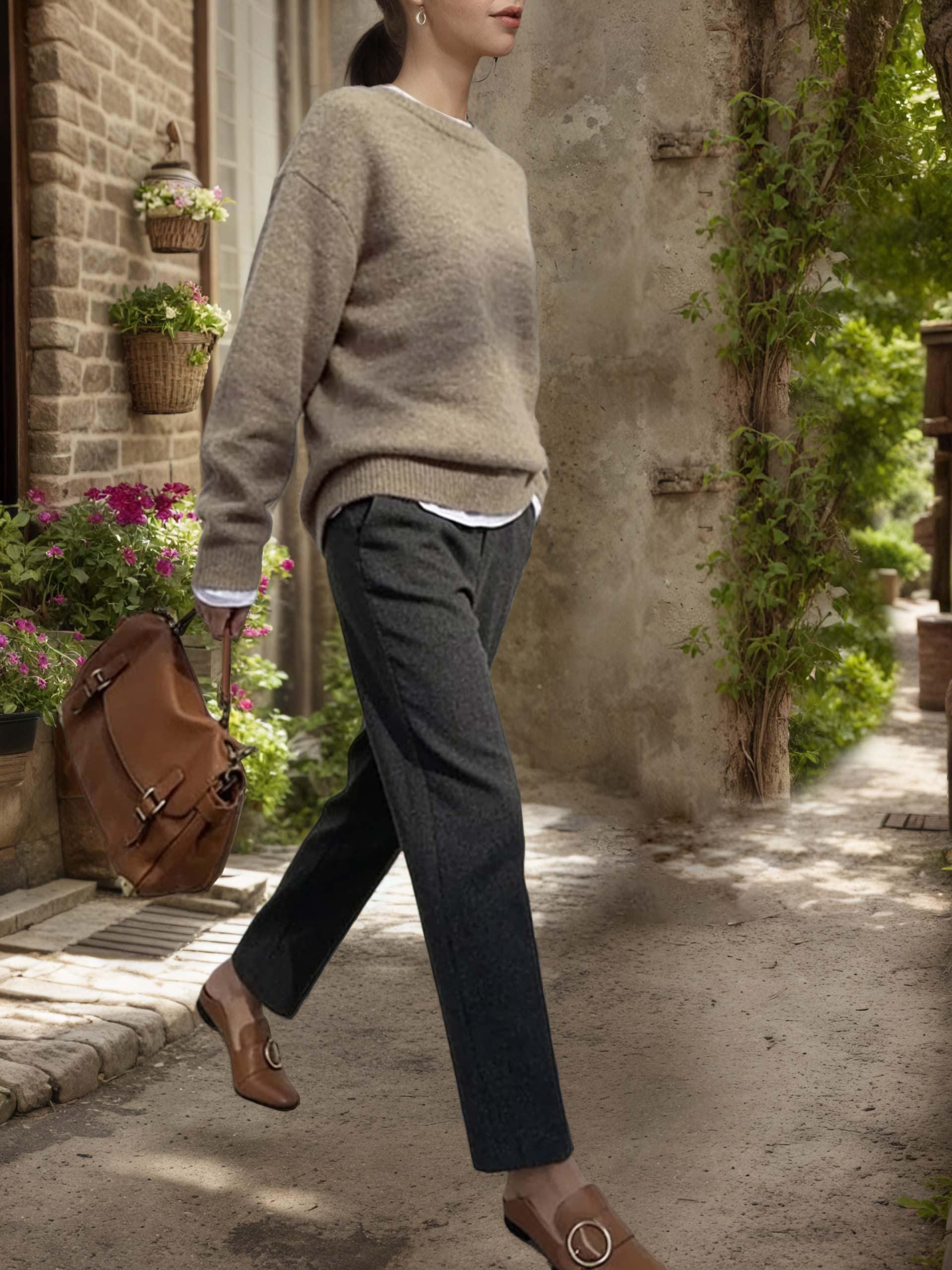 High-Waist Heavyweight Wool Cropped Pants for Women, Tailored Slim Fit Tapered Leg Trousers