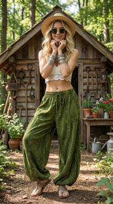 Pikalda-Green Marble Stonewashed Cotton Harem Pants: Baggy Aladdin Style LCTM