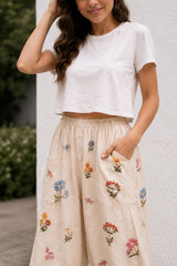 Beige Boho Harem Pants for Women, Floral Print, Elastic Waist, Relaxed Summer Outfit