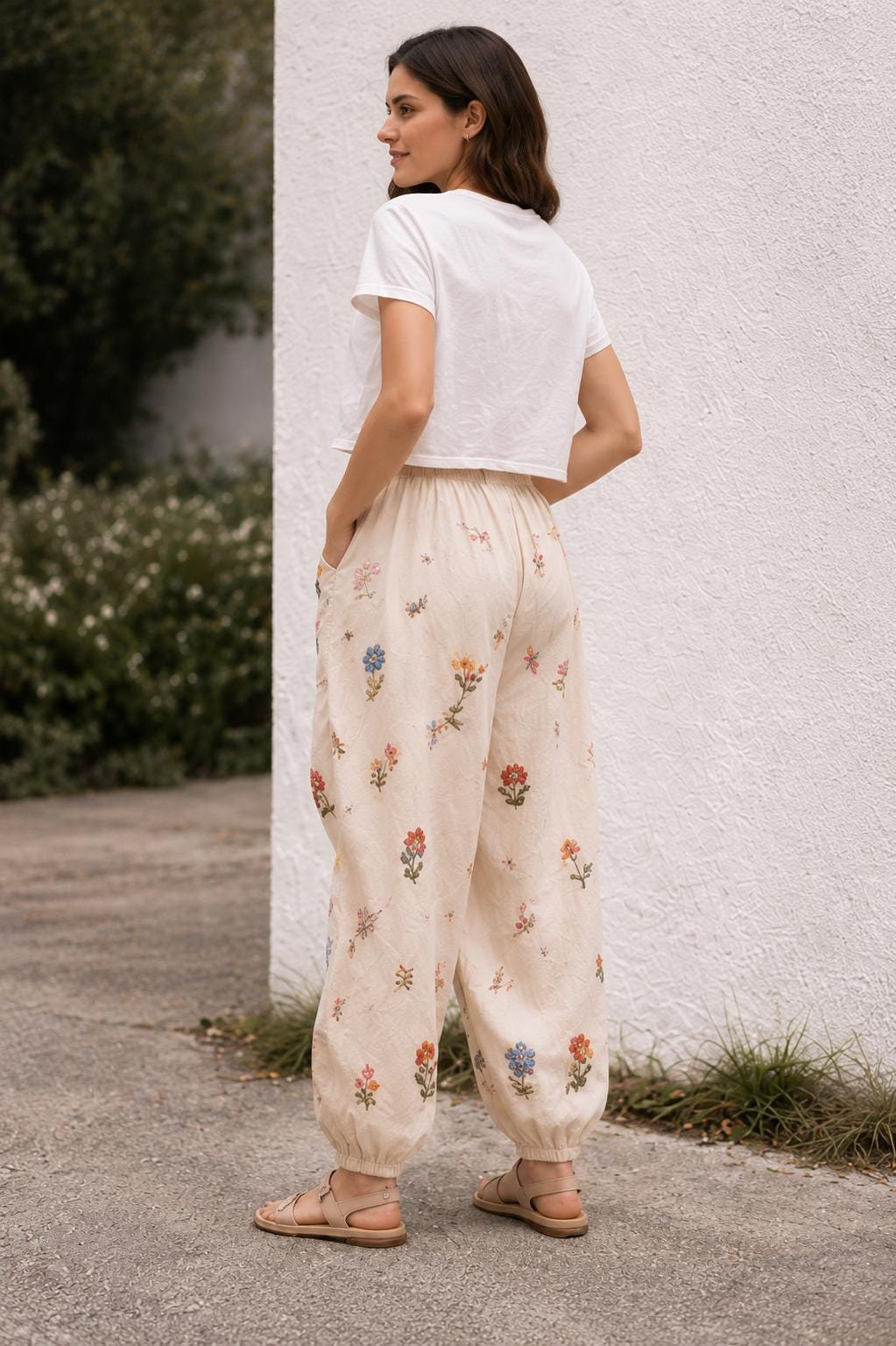 Beige Boho Harem Pants for Women, Floral Print, Elastic Waist, Relaxed Summer Outfit