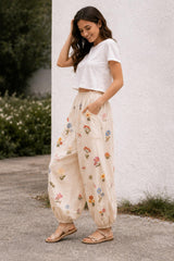 Beige Boho Harem Pants for Women, Floral Print, Elastic Waist, Relaxed Summer Outfit