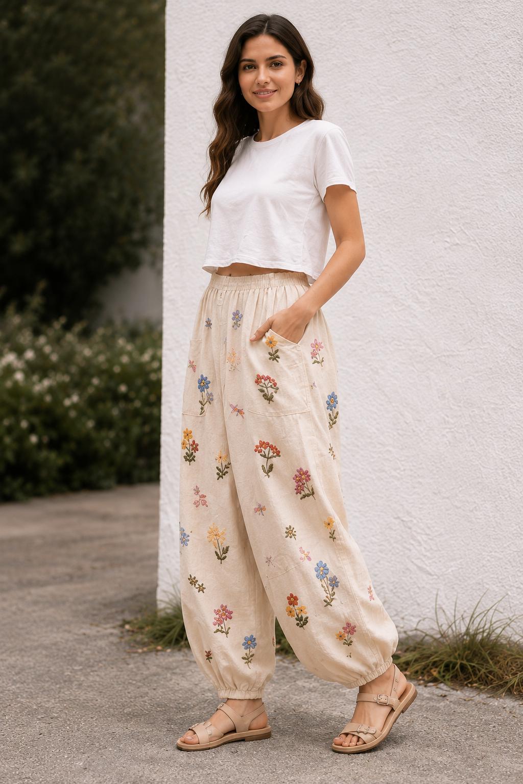 Beige Boho Harem Pants for Women, Floral Print, Elastic Waist, Relaxed Summer Outfit