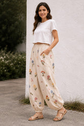 Beige Boho Harem Pants for Women, Floral Print, Elastic Waist, Relaxed Summer Outfit