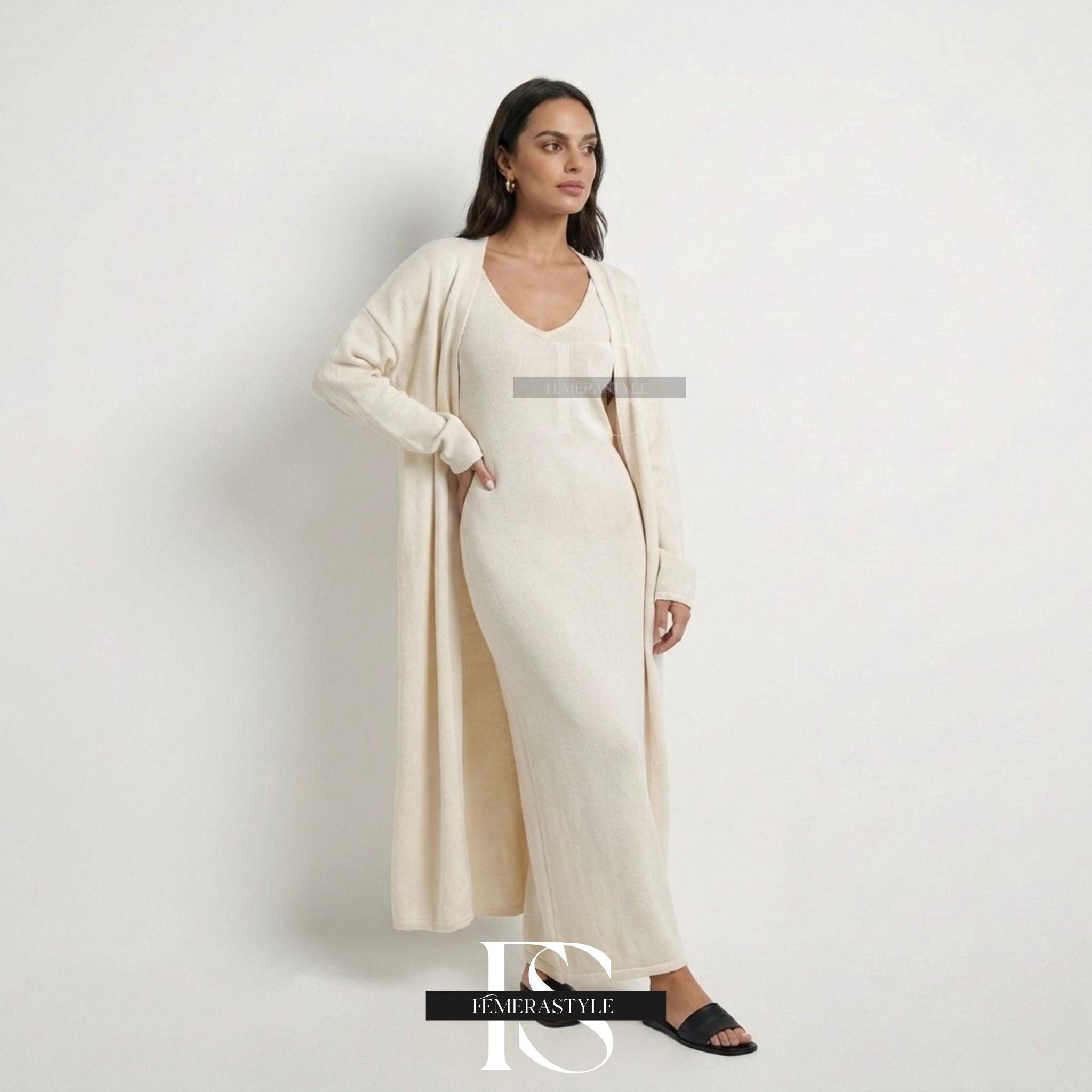 Women's Cotton Knit Two Piece Set | Cardigan Dress and Cardigan Set | Knitted Maxi Dress Set | Cotton Knit Co-Ord Set