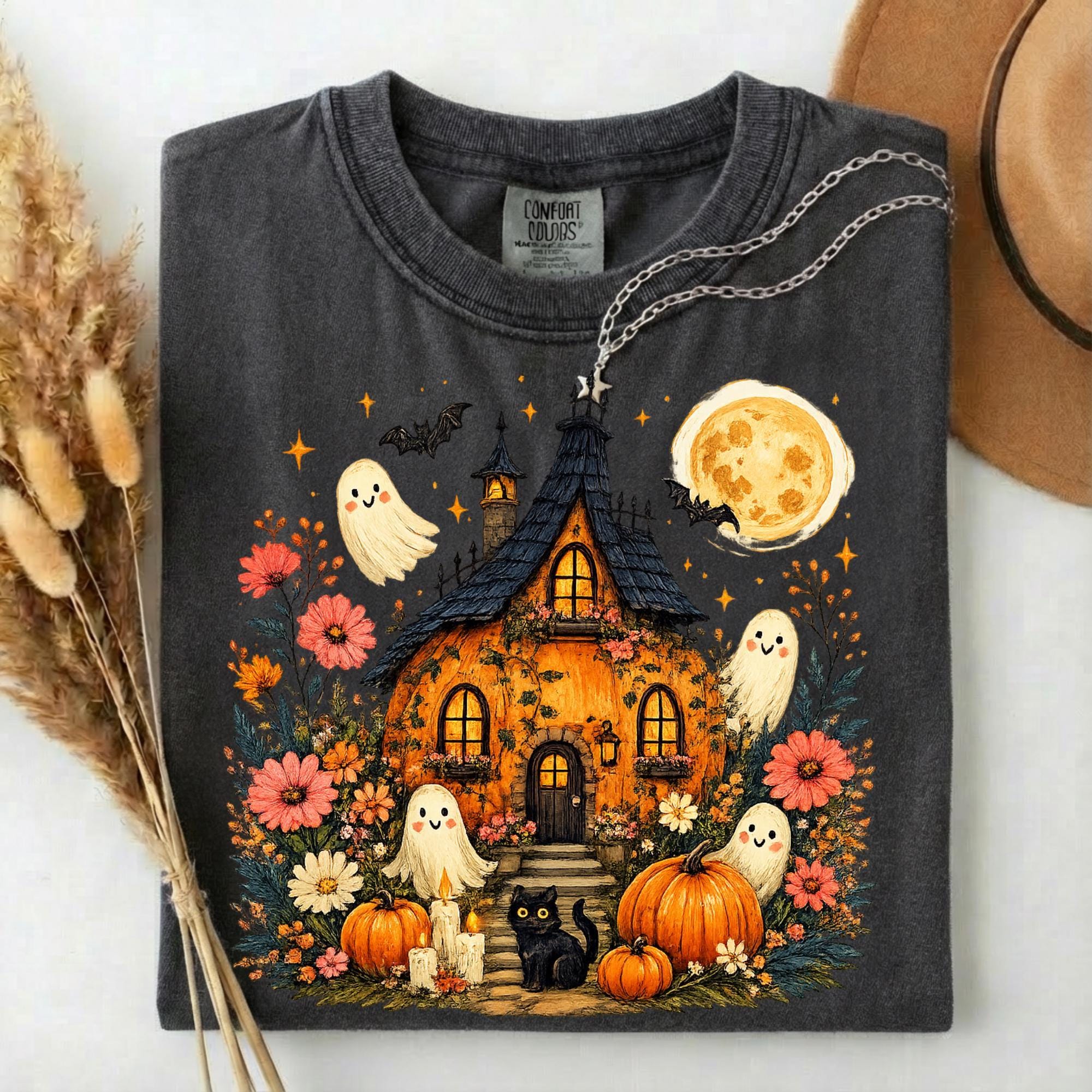 Comfort Colors Cute Halloween Haunted House Shirt, Ghost Pumpkin Cottage Tee, Spooky Cottagecore Halloween Shirt, Fall Gift for Women