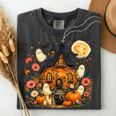 Comfort Colors Cute Halloween Haunted House Shirt, Ghost Pumpkin Cottage Tee, Spooky Cottagecore Halloween Shirt, Fall Gift for Women