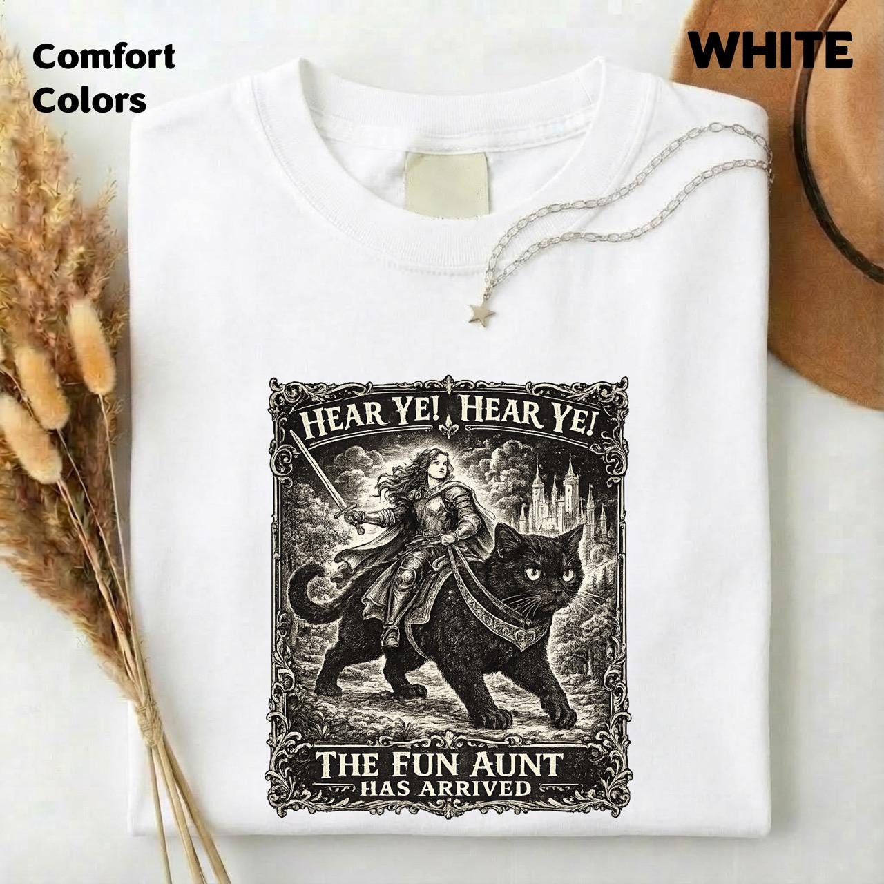Comfort Colors Fun Aunt Knight Riding Black Cat T-Shirt, Hear Ye Fun Aunt Has Arrived Sweatshirt, Funny Auntie Cat Meme T-Shirt