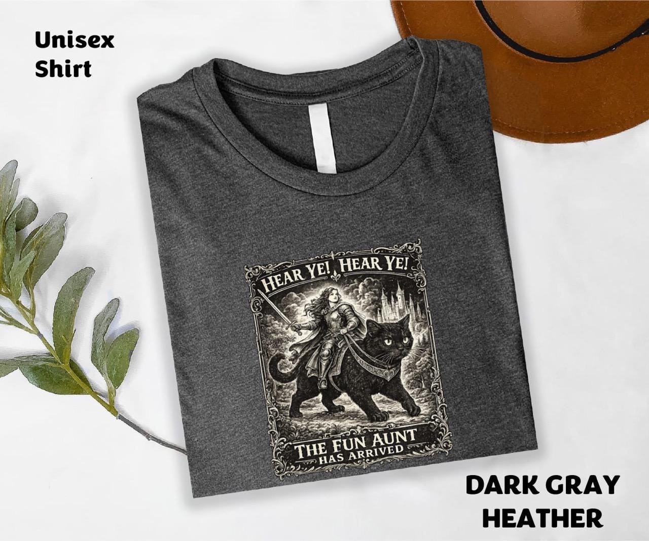Comfort Colors Fun Aunt Knight Riding Black Cat T-Shirt, Hear Ye Fun Aunt Has Arrived Sweatshirt, Funny Auntie Cat Meme T-Shirt