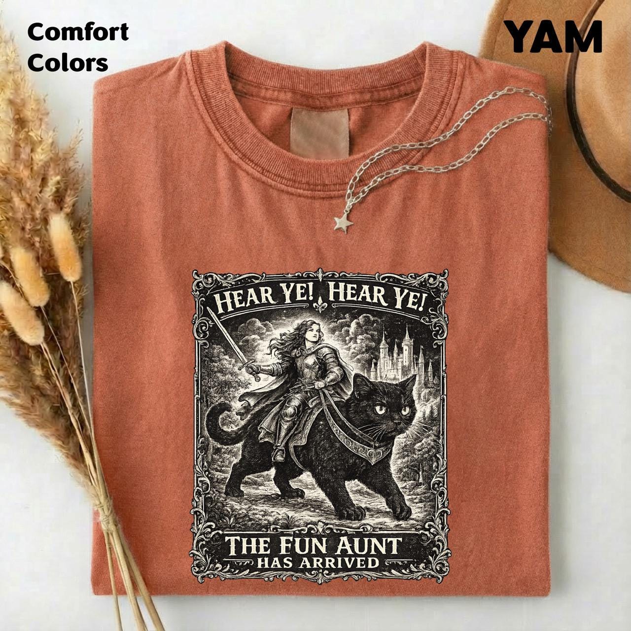 Comfort Colors Fun Aunt Knight Riding Black Cat T-Shirt, Hear Ye Fun Aunt Has Arrived Sweatshirt, Funny Auntie Cat Meme T-Shirt
