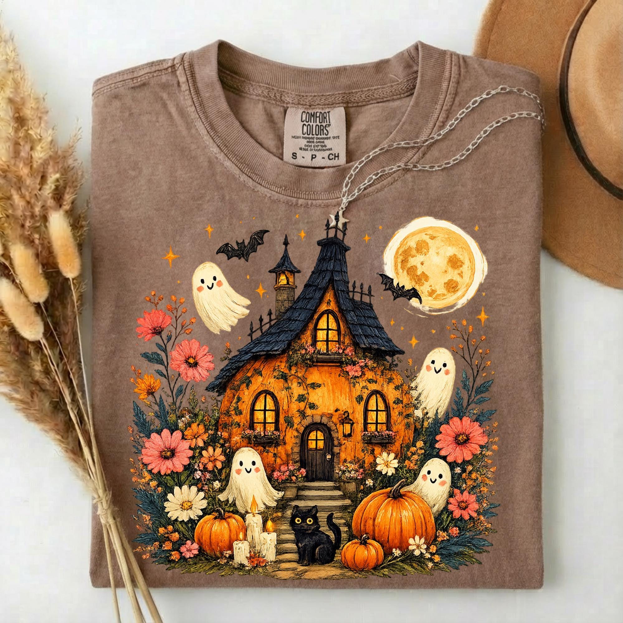 Comfort Colors Cute Halloween Haunted House Shirt, Ghost Pumpkin Cottage Tee, Spooky Cottagecore Halloween Shirt, Fall Gift for Women