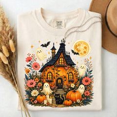 Comfort Colors Cute Halloween Haunted House Shirt, Ghost Pumpkin Cottage Tee, Spooky Cottagecore Halloween Shirt, Fall Gift for Women