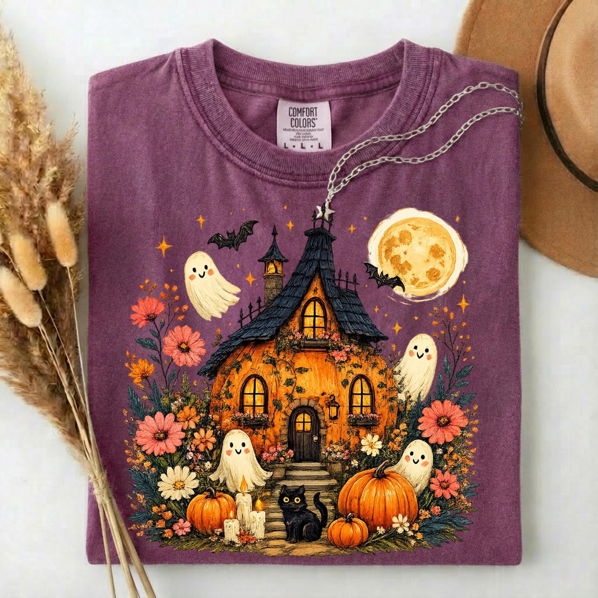 Comfort Colors Cute Halloween Haunted House Shirt, Ghost Pumpkin Cottage Tee, Spooky Cottagecore Halloween Shirt, Fall Gift for Women