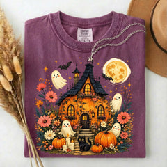 Comfort Colors Cute Halloween Haunted House Shirt, Ghost Pumpkin Cottage Tee, Spooky Cottagecore Halloween Shirt, Fall Gift for Women