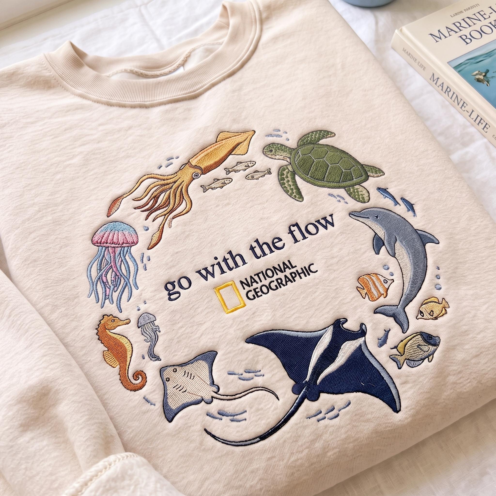 Embroidered Sweatshirt with Ocean and Marine Animal Design