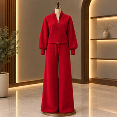 Women’s Knit Loungewear Set | Zipper Cardigan & Wide Leg Pants | Cozy Two Piece Outfit