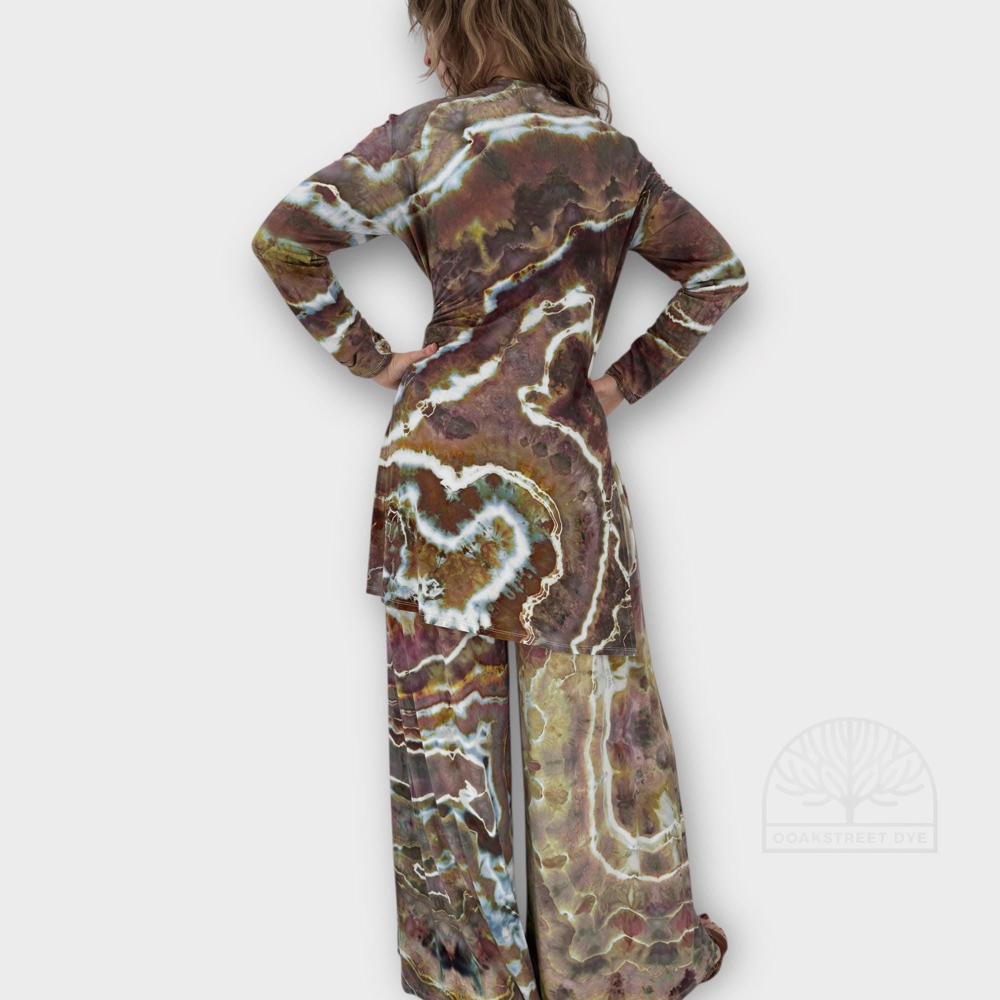 Ice Dye Bamboo Two-Piece Set: Tie-Front Cardigan and Wide-Leg Palazzo Pants, Size L