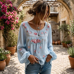 Boho Floral Peasant Blouse for Women, Relaxed Fit Long Sleeve Top