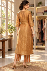 Golden Ochre Crush Tissue 3-Piece Suit Set with Handwork Kurta and Floral Dupatta
