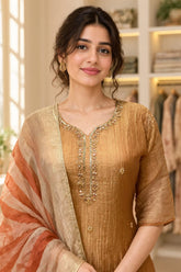 Golden Ochre Crush Tissue 3-Piece Suit Set with Handwork Kurta and Floral Dupatta