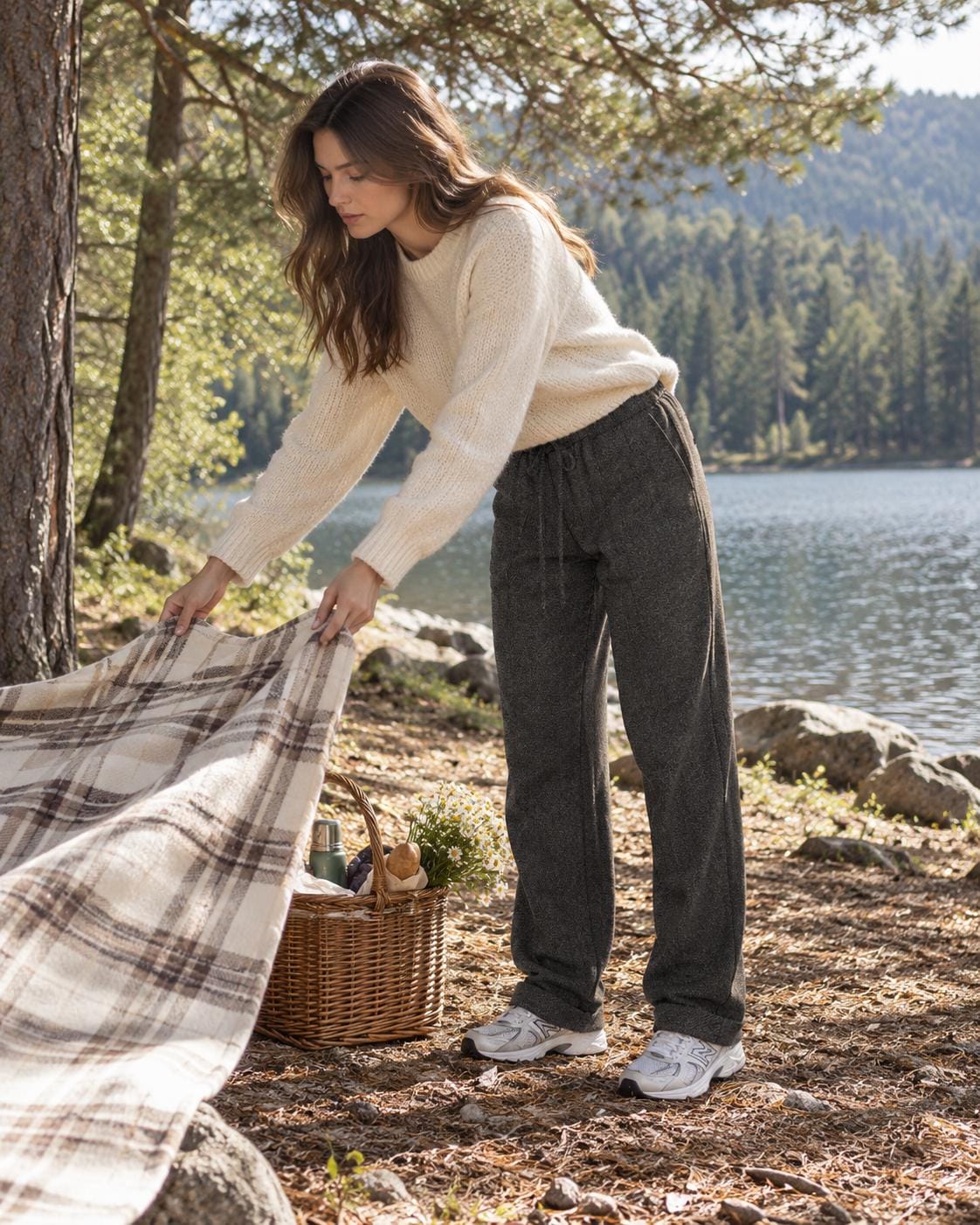 Plaid Wool Pants, Elastic Waist Wool Trousers, Relaxed Straight Leg Pants, Wool Blend Fall Winter Pants for Women