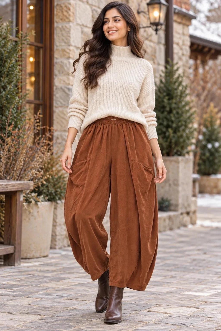 Italian Cotton Corduroy Wide Leg Trousers – Relaxed Fit, Side Pockets (One Size)