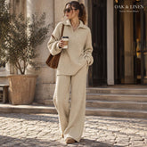 Women's Ribbed Knit Lounge Set, Half-Zip Sweater and Wide Leg Pants, Two Piece Outfit