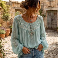 Boho Floral Peasant Blouse for Women, Relaxed Fit Long Sleeve Top