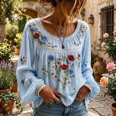 Boho Floral Peasant Blouse for Women, Relaxed Fit Long Sleeve Top
