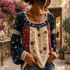 Boho Floral Peasant Blouse for Women, Relaxed Fit Long Sleeve Top