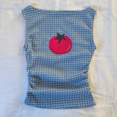 Upcycled Patchwork Cropped Tank Top, Blue, Applique, Plaid, Gingham, Size Small