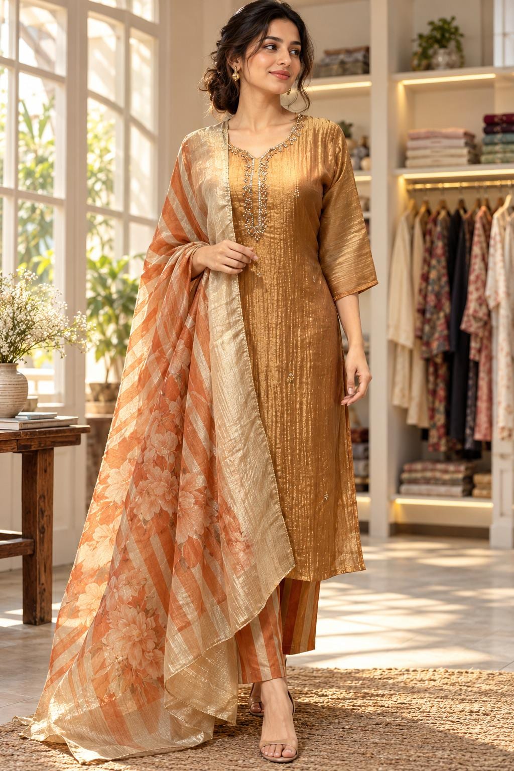 Golden Ochre Crush Tissue 3-Piece Suit Set with Handwork Kurta and Floral Dupatta