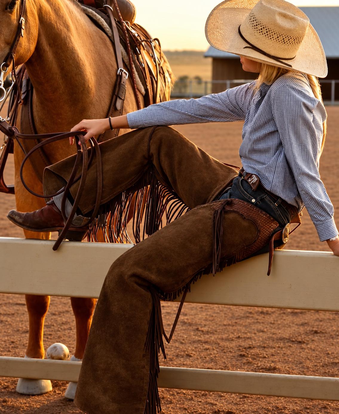 Women's 100% Genuine Suede Leather Chaps, Western Buckskin Fringe Pants, Rodeo Cowboy Chap Trousers