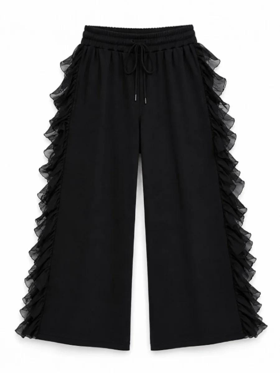 Black Souffle Ruffle Pants, Wide Leg Cotton Sweatpants