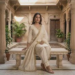 Ivory Salwar Suit Set, 3 Piece Indian Kurta Set with Gold Trim, Matching Trousers and Dupatta
