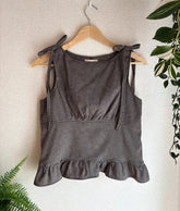 Sleeveless Top Black White Houndstooth with Ruching and Adjustable Ribbons