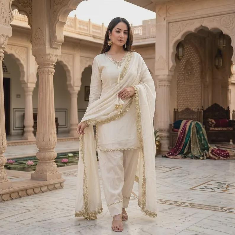 Ivory Salwar Suit Set, 3 Piece Indian Kurta Set with Gold Trim, Matching Trousers and Dupatta