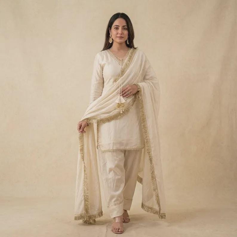Ivory Salwar Suit Set, 3 Piece Indian Kurta Set with Gold Trim, Matching Trousers and Dupatta