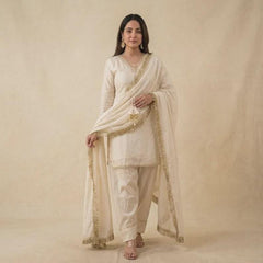 Ivory Salwar Suit Set, 3 Piece Indian Kurta Set with Gold Trim, Matching Trousers and Dupatta