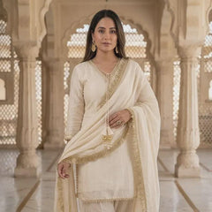 Ivory Salwar Suit Set, 3 Piece Indian Kurta Set with Gold Trim, Matching Trousers and Dupatta