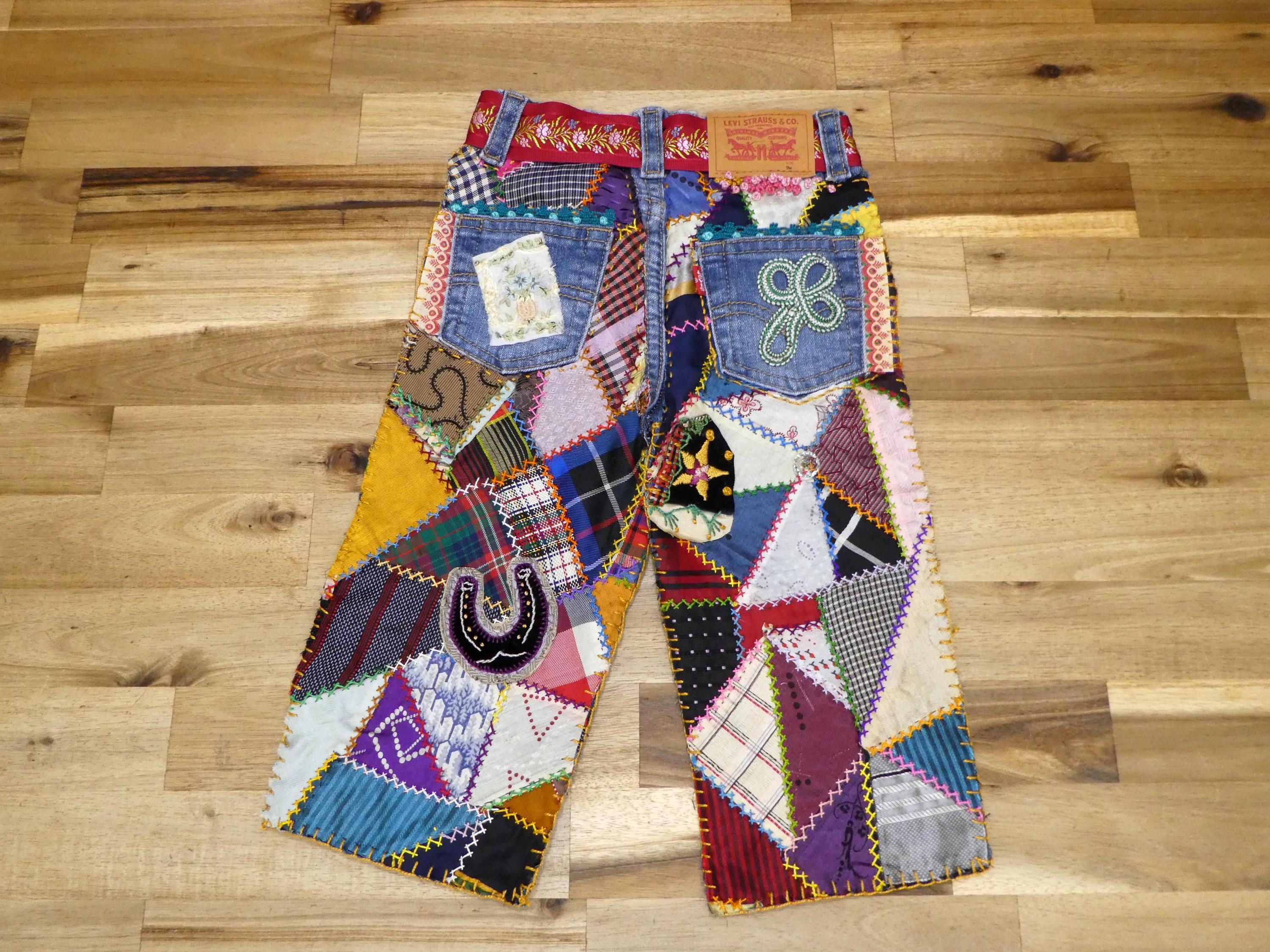 Baby Jeans Wall Art with Crazy Quilt Pieces and Glass Buttons