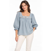 LC Lauren Conrad Women's Small Blue Lace Square Neck Balloon Sleeve Blouse