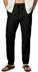 Mens Cotton Pants Casual Elastic Waist Drawstring Lightweight Summer Beach Trousers with Pockets