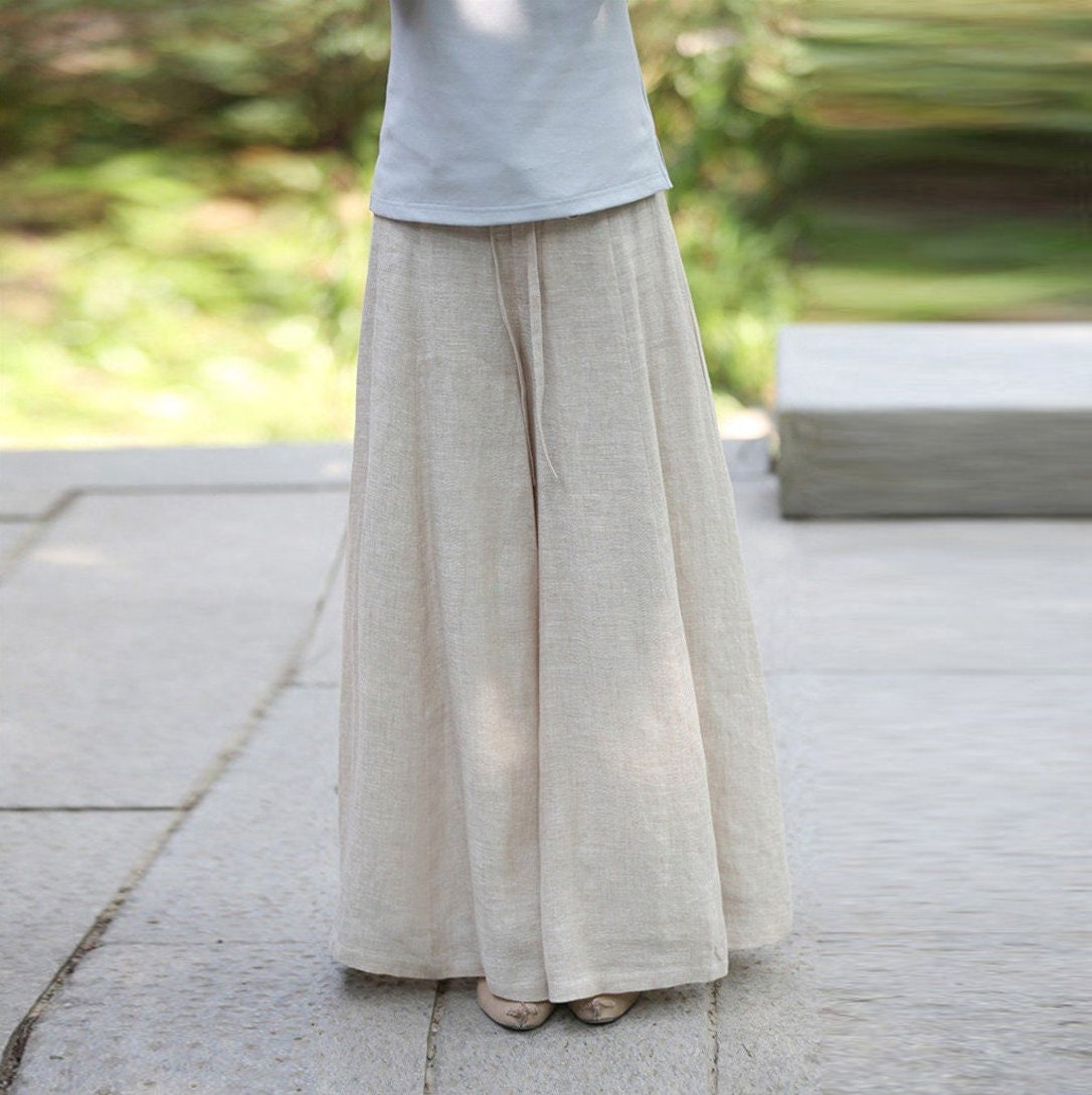 Women's Vintage Linen Wide Leg Culottes Pants