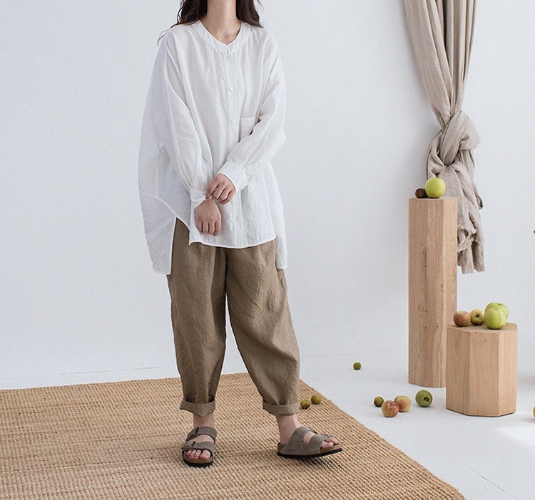 Women's Linen Shirt, Oversized Long Sleeve Tunic Top